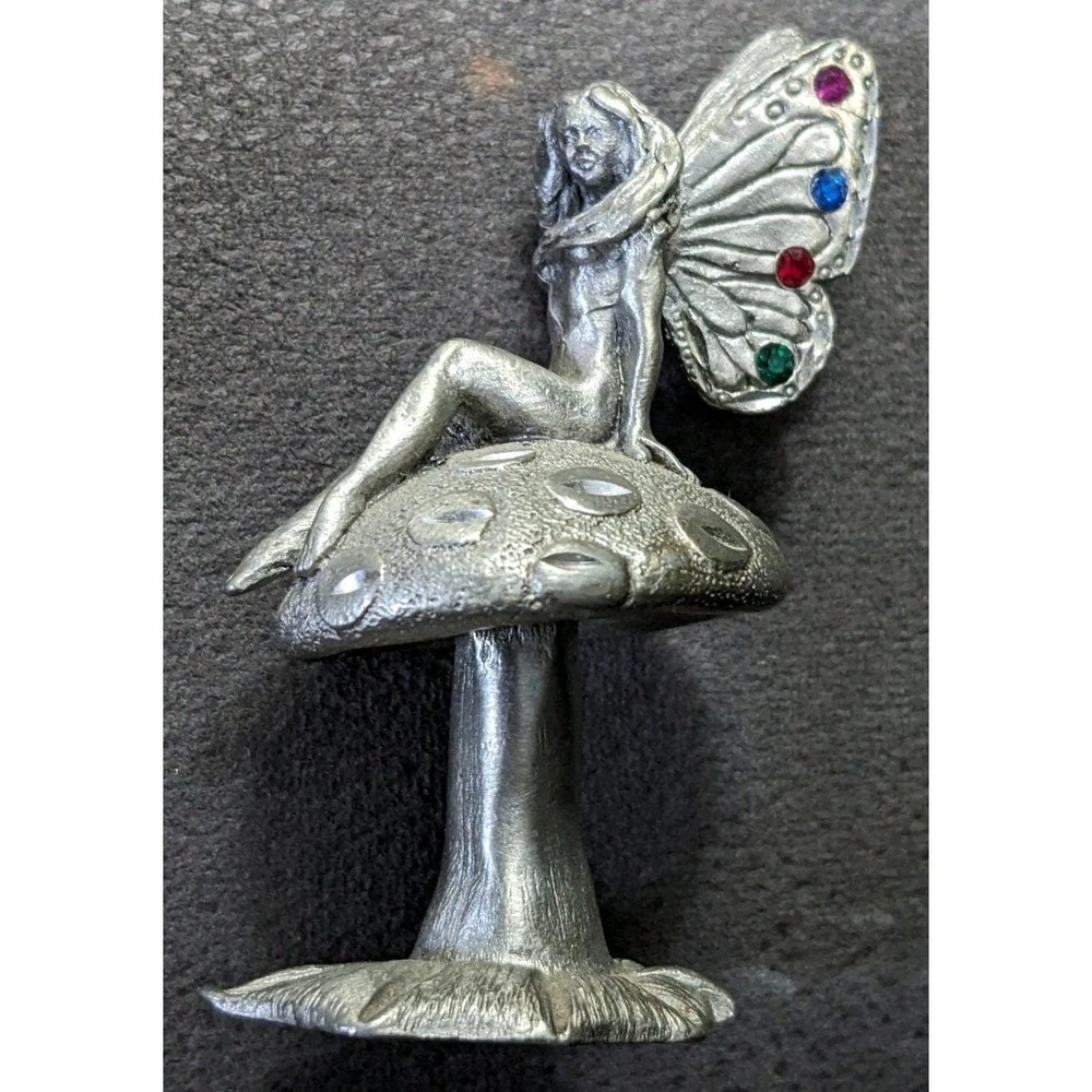 Vtg‎ Spoontiques Pewter Nude Fairy Figurine Butterfly Nymph on Mushroom HMR 1342